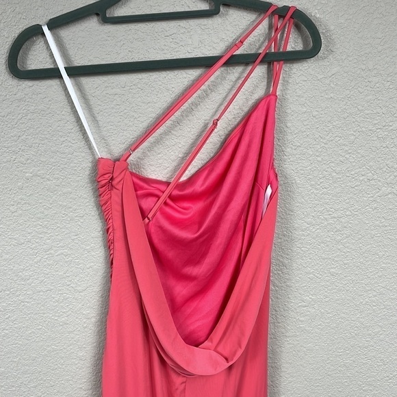 New Katie May Winnipeg One Shoulder Ruched Knit Gown Slit Coral Pink Sz M - Picture 6 of 12